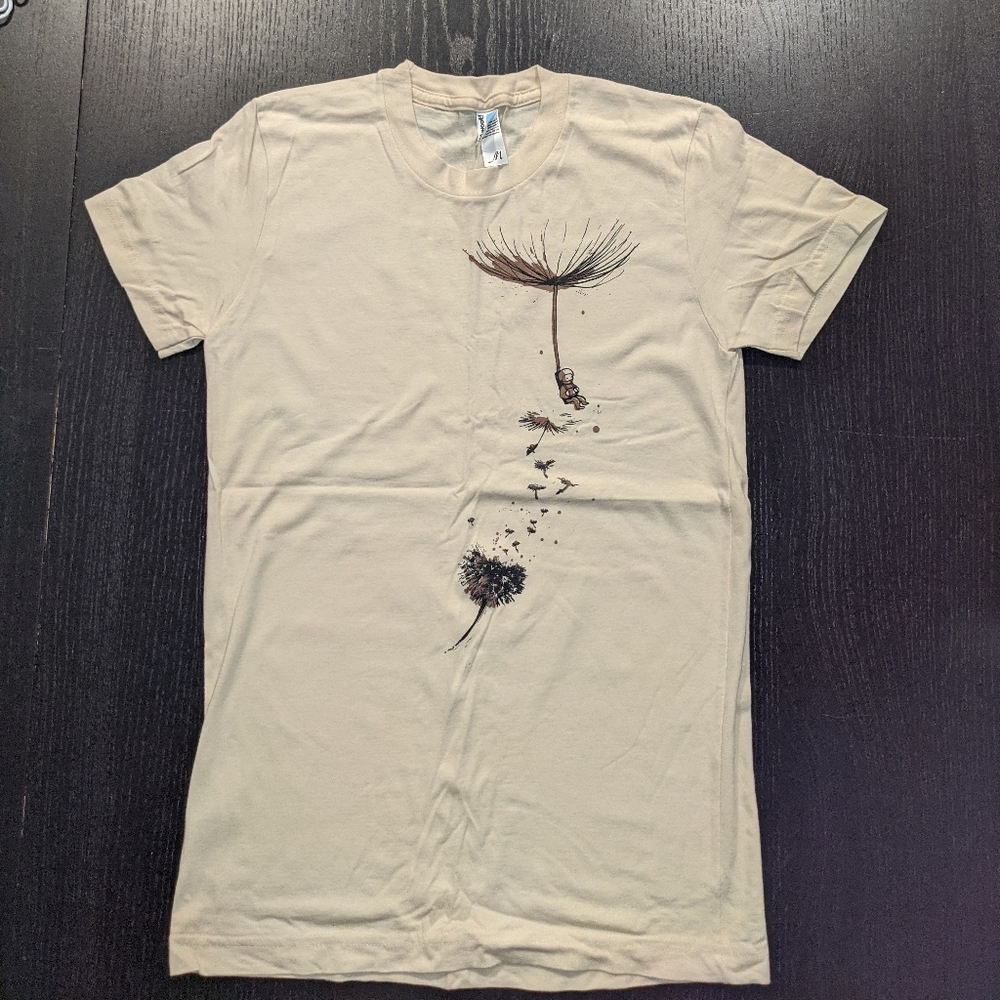 NEW M Teefury tan T-shirt with astronaut and dandelion